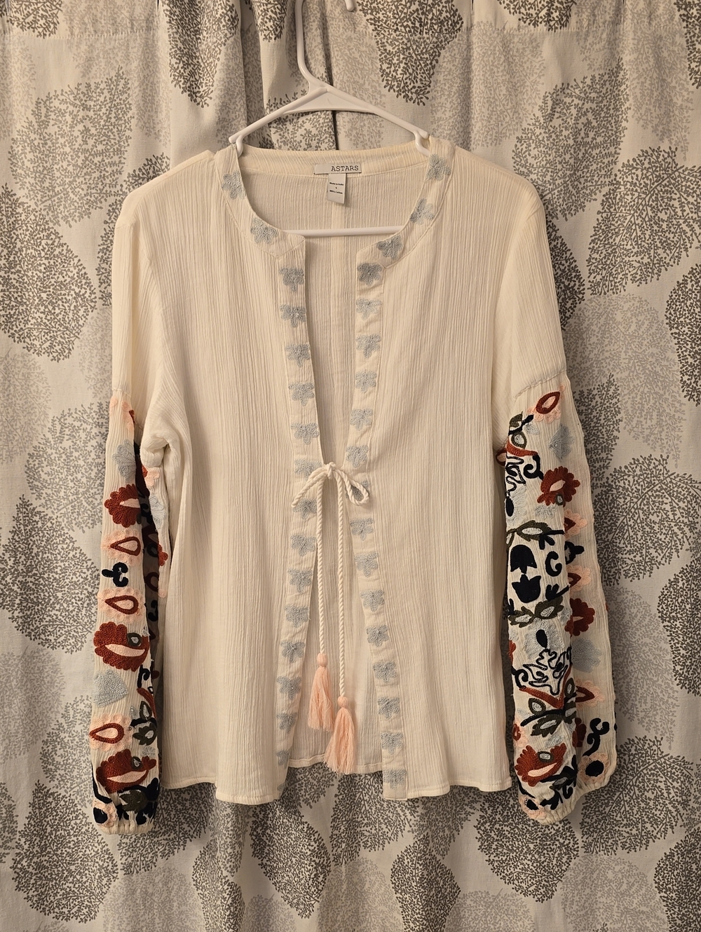 Astars Cream Boho Embroidered Sleeve Tie-Front Top